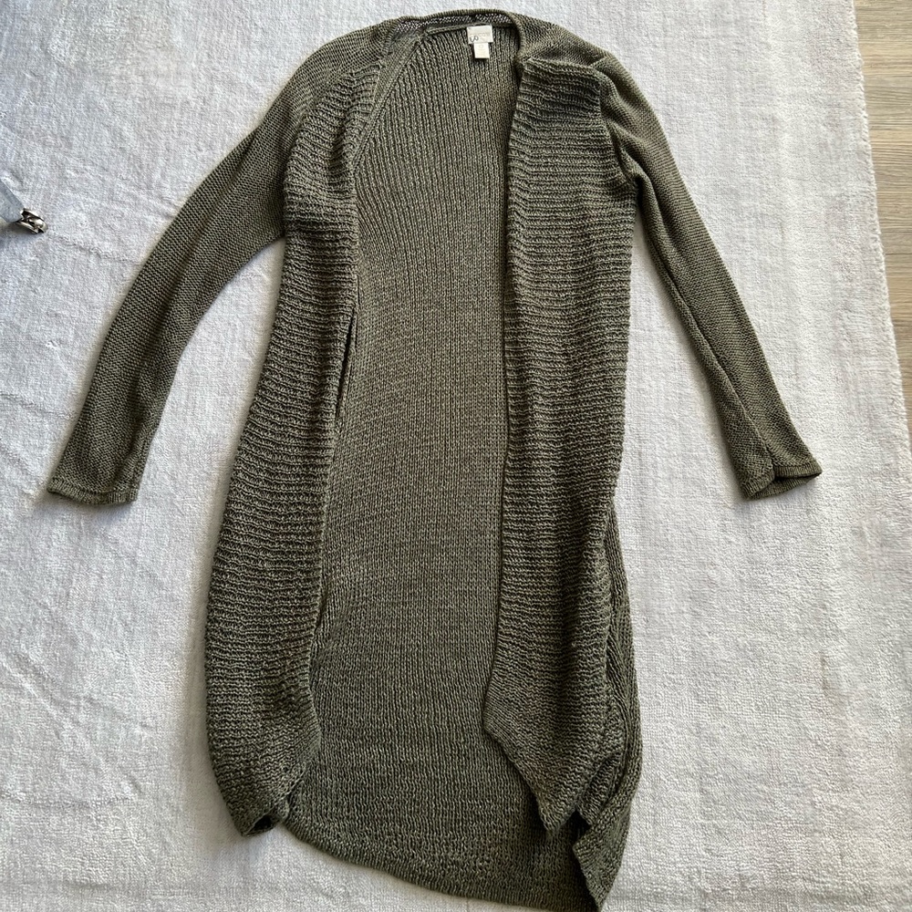Chico’s Women's Open Front Longline Acrylic Olive Green Cardigan Size 0